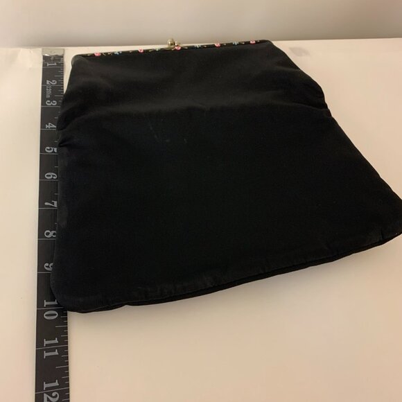 Evening Bag Black Fabric Vintage Floral Painted Trim Formal Party - Picture 5 of 9